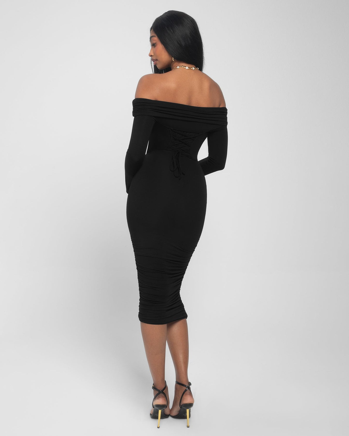 Shapey Off Shoulder Ruched Dress - Black - samana vibes