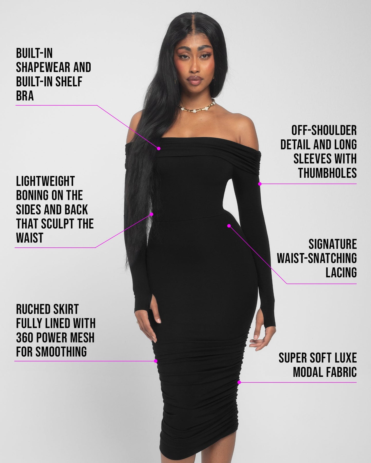 Shapey Off Shoulder Ruched Dress - Black - samana vibes