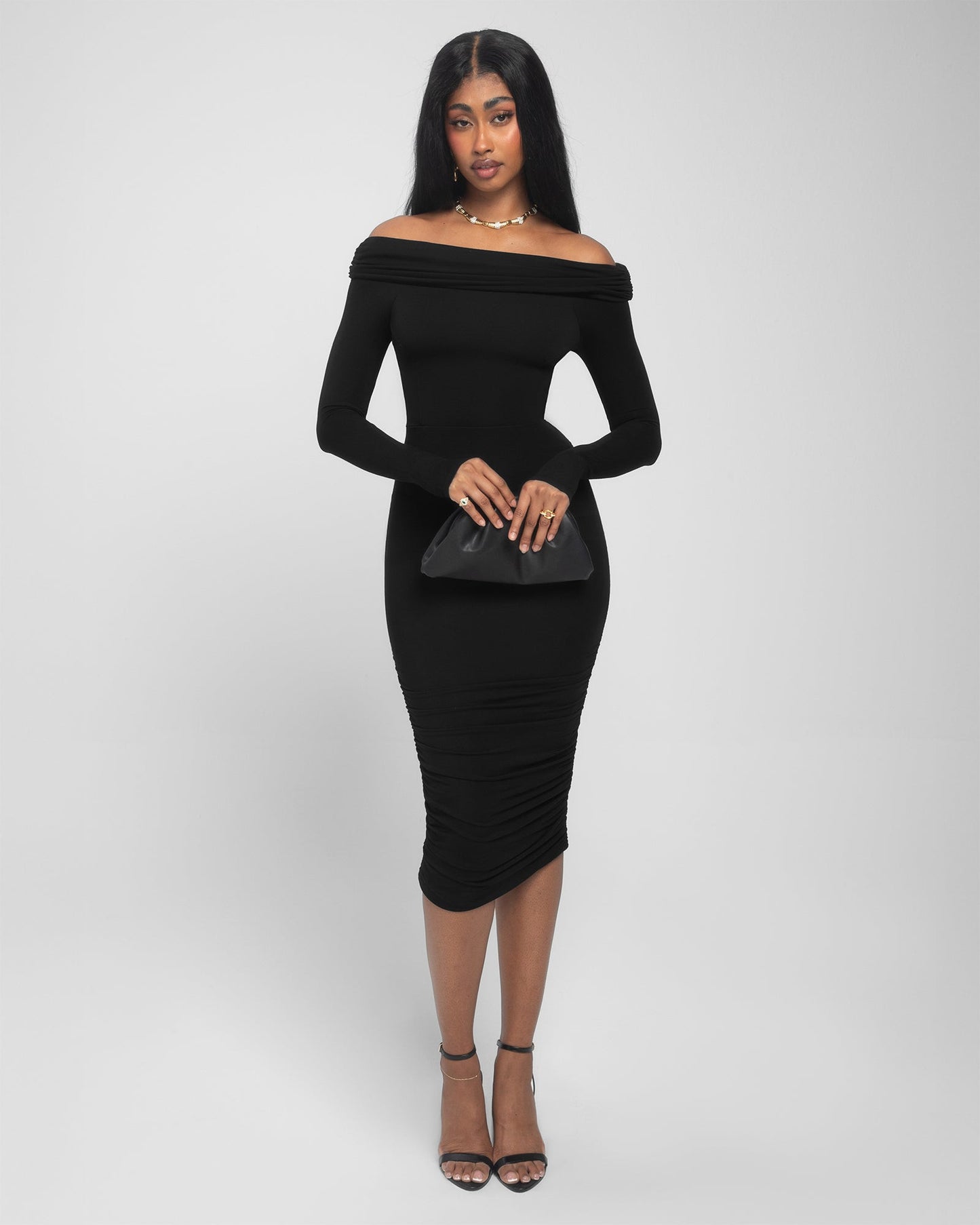 Shapey Off Shoulder Ruched Dress - Black - samana vibes