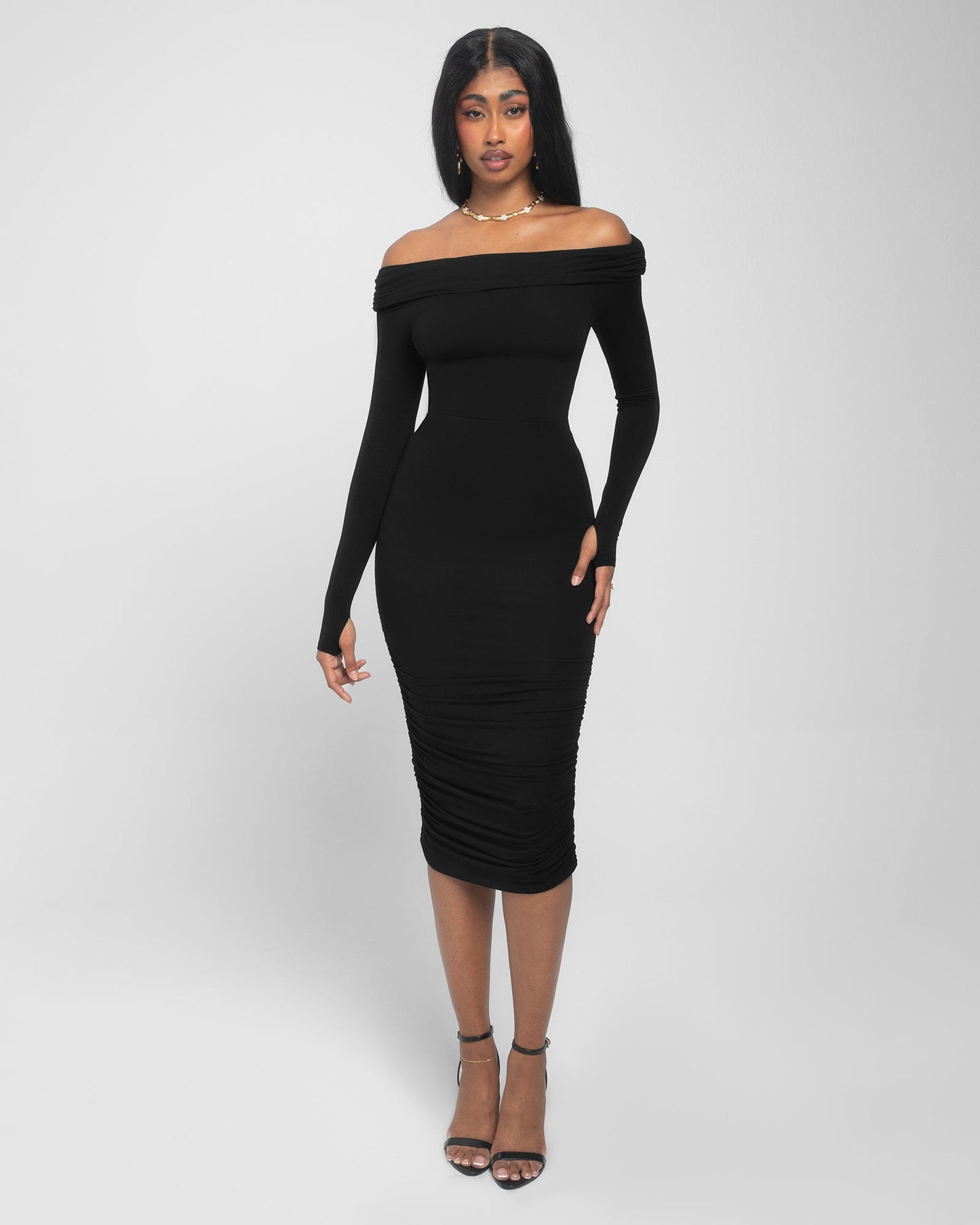 Shapey Off Shoulder Ruched Dress - Black - samana vibes