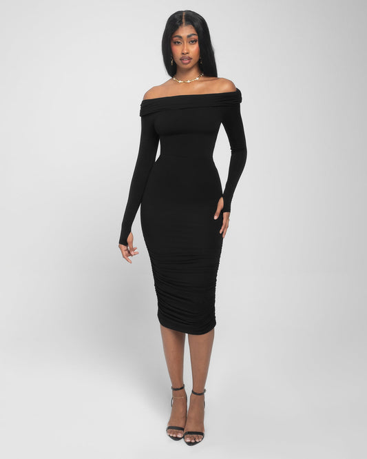 Shapey Off Shoulder Ruched Dress - Black - samana vibes