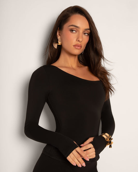 Sculpty One Shoulder Long Sleeve Top - Black - samana vibes