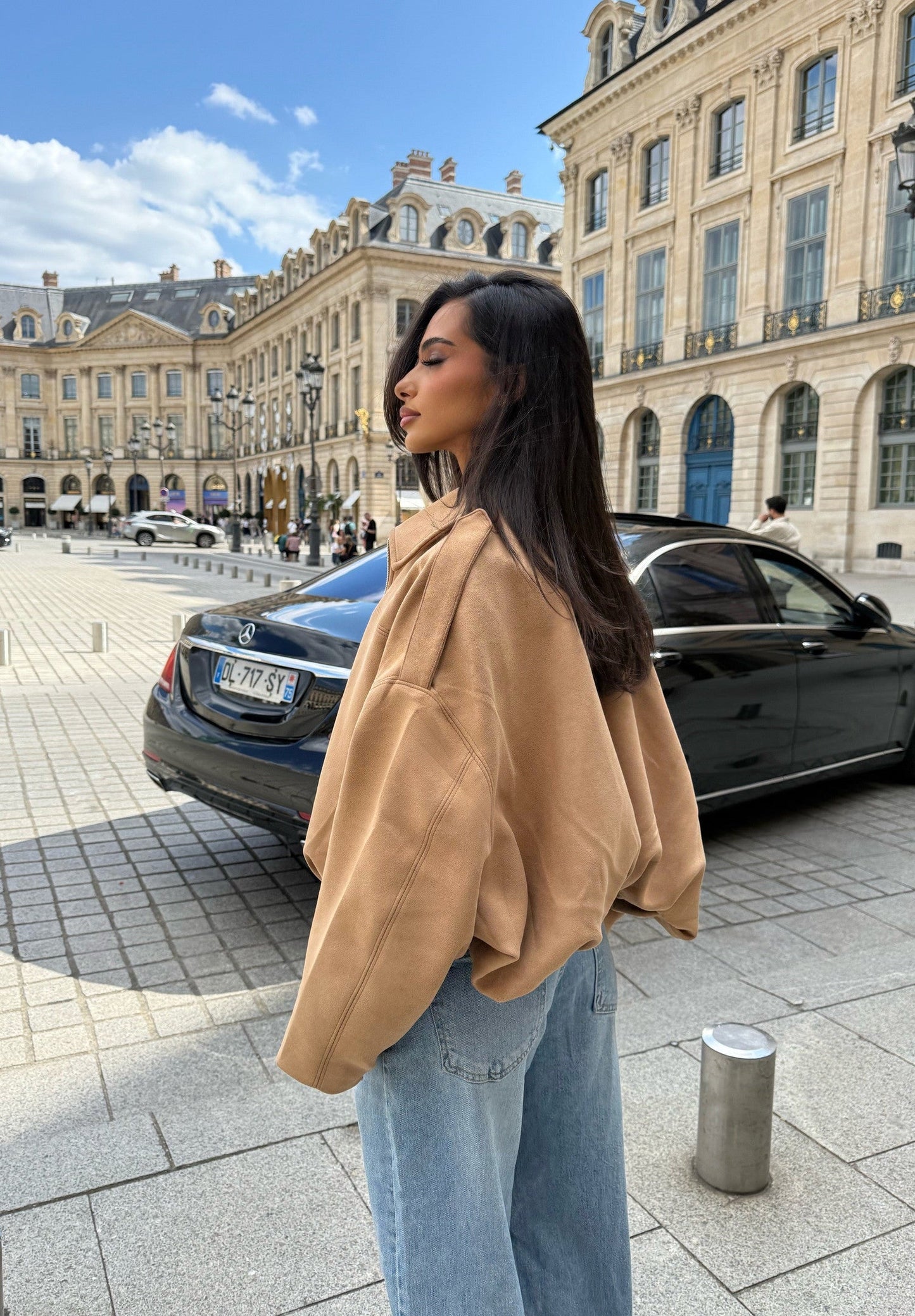 Suede Effect Bomber Jacket - Latte - samana vibes