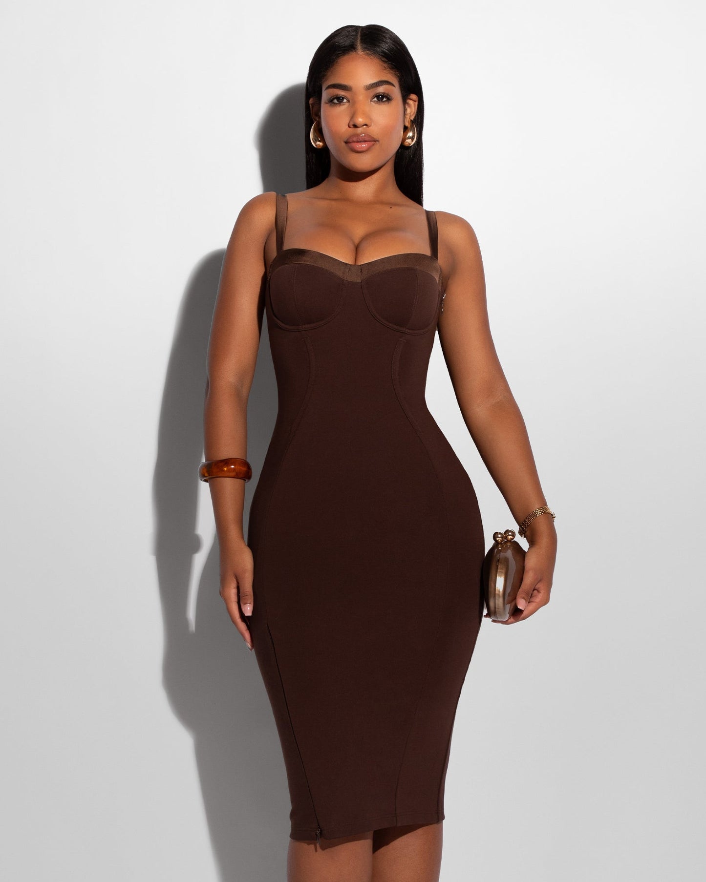 Seamed Lushy Pencil Dress - Espresso Shine - samana vibes