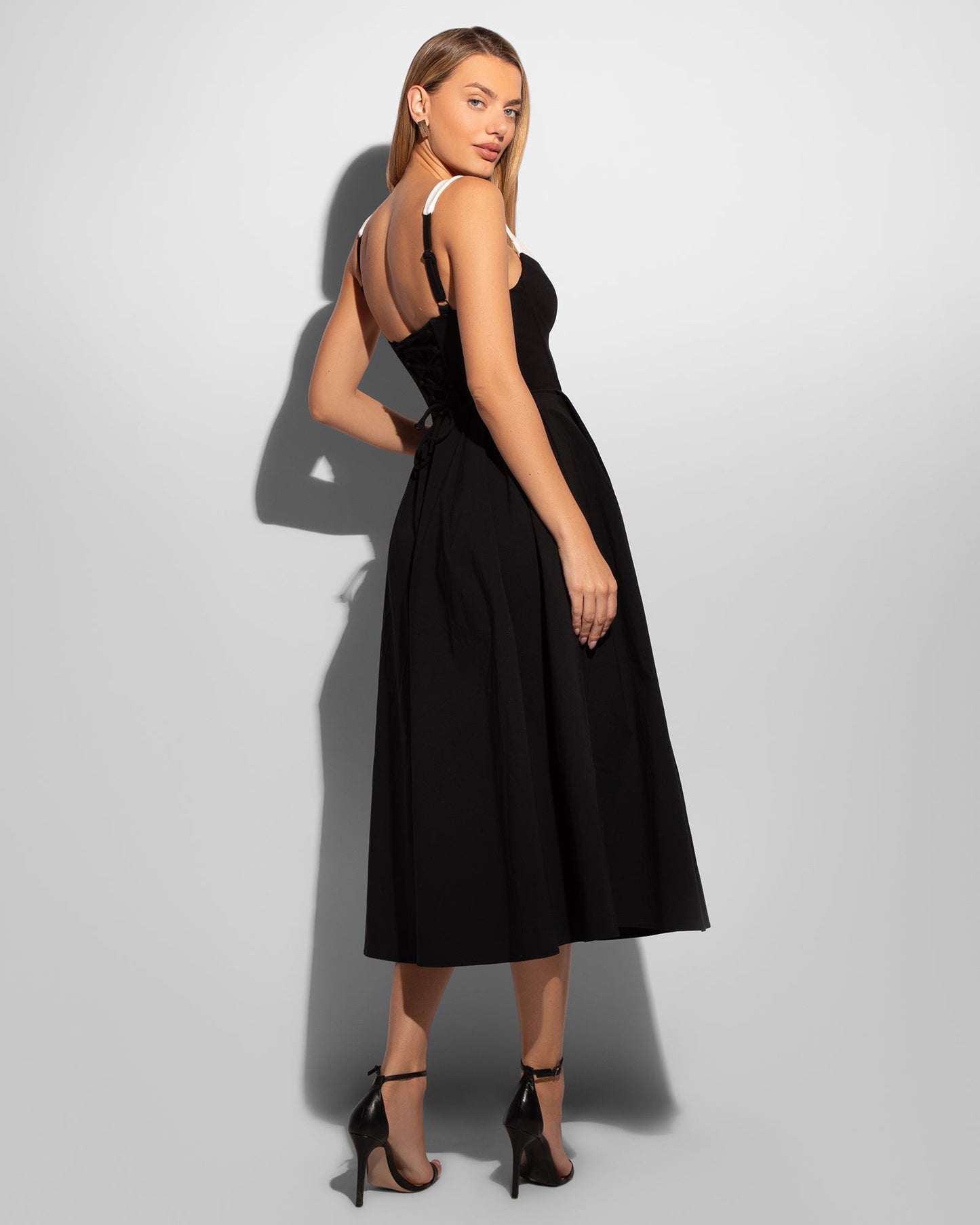 Poplin Fit & Flare Midi Dress - Black/Ivory - samana vibes