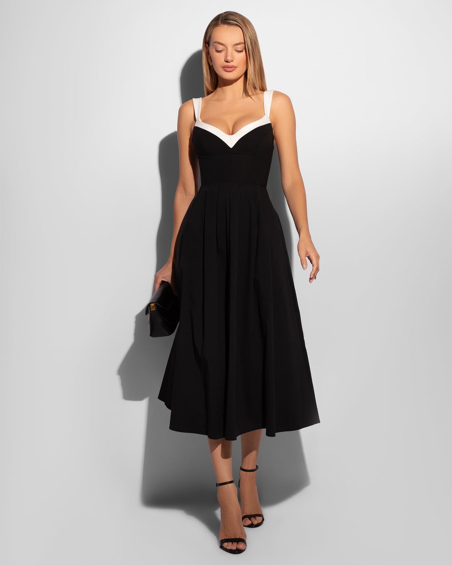 Poplin Fit & Flare Midi Dress - Black/Ivory - samana vibes