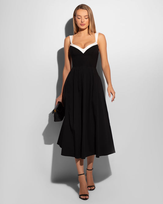 Poplin Fit & Flare Midi Dress - Black/Ivory - samana vibes