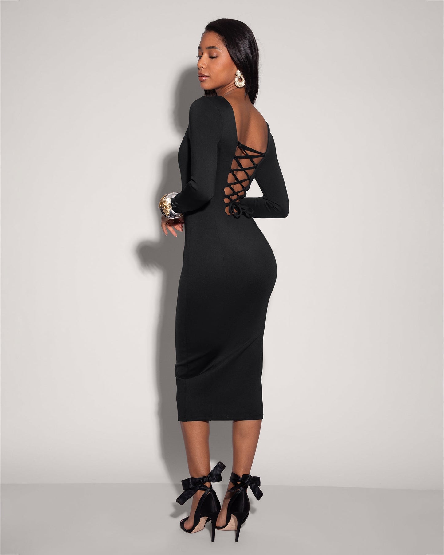 Squarey Long Sleeve Dress - Black - samana vibes