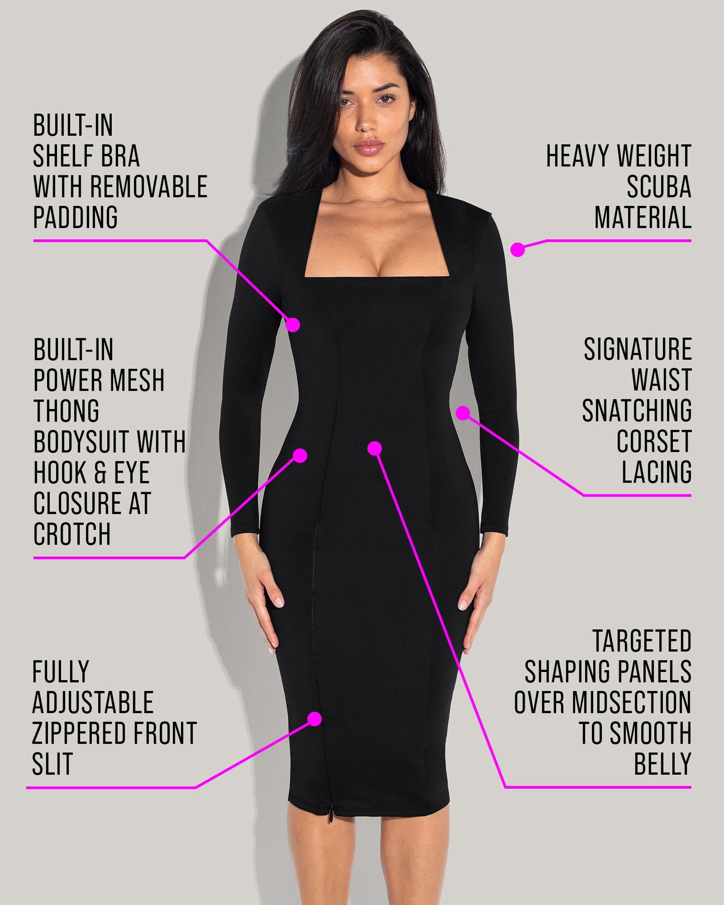 Squarey Long Sleeve Dress - Black - samana vibes