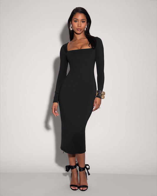 Squarey Long Sleeve Dress - Black - samana vibes