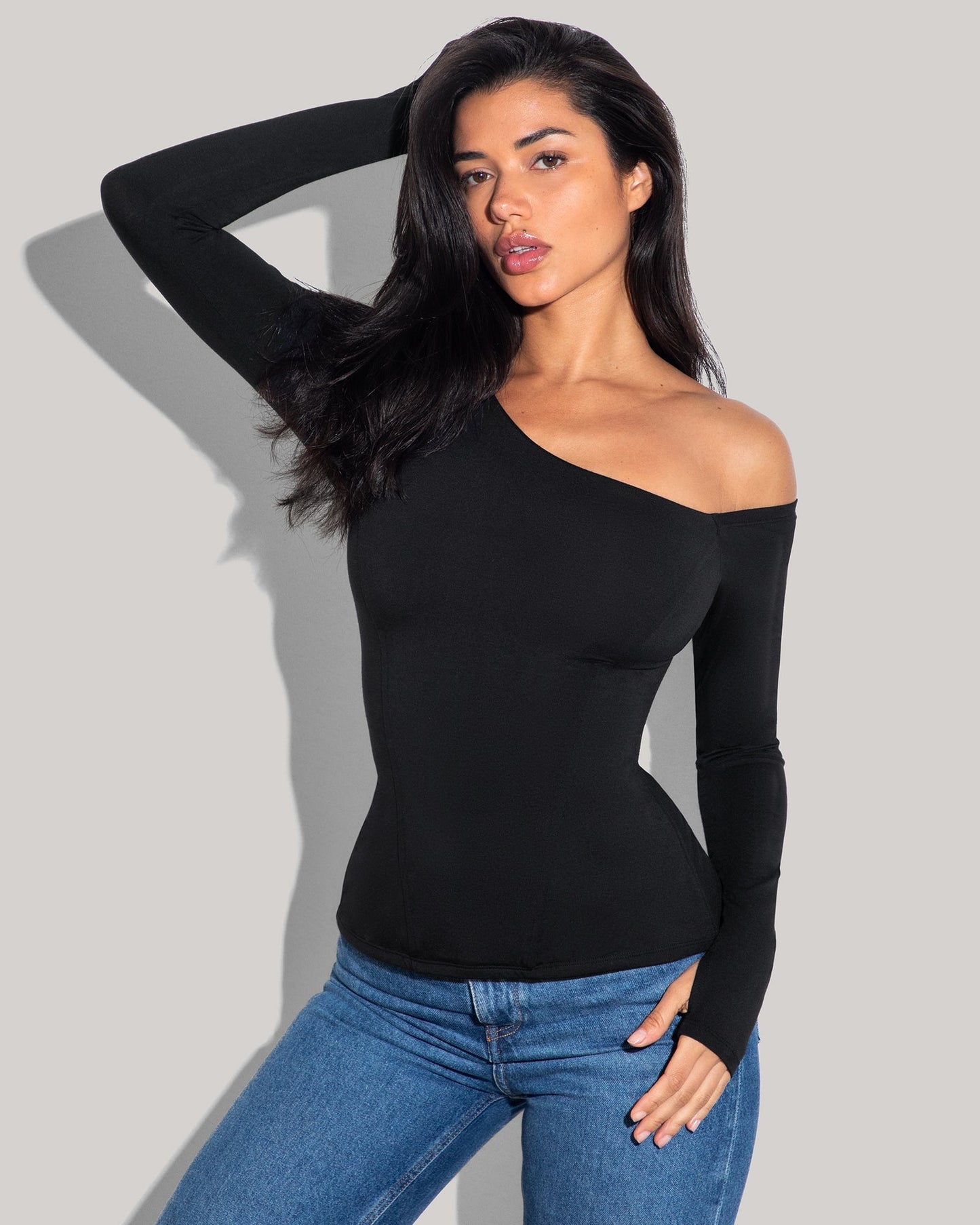 Shapey Long Sleeve One Shoulder Top - Black - samana vibes