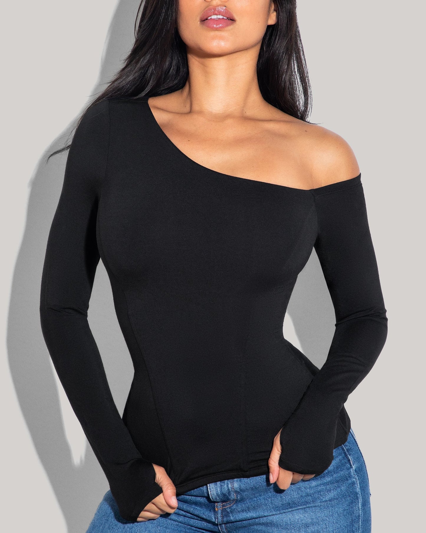 Shapey Long Sleeve One Shoulder Top - Black - samana vibes