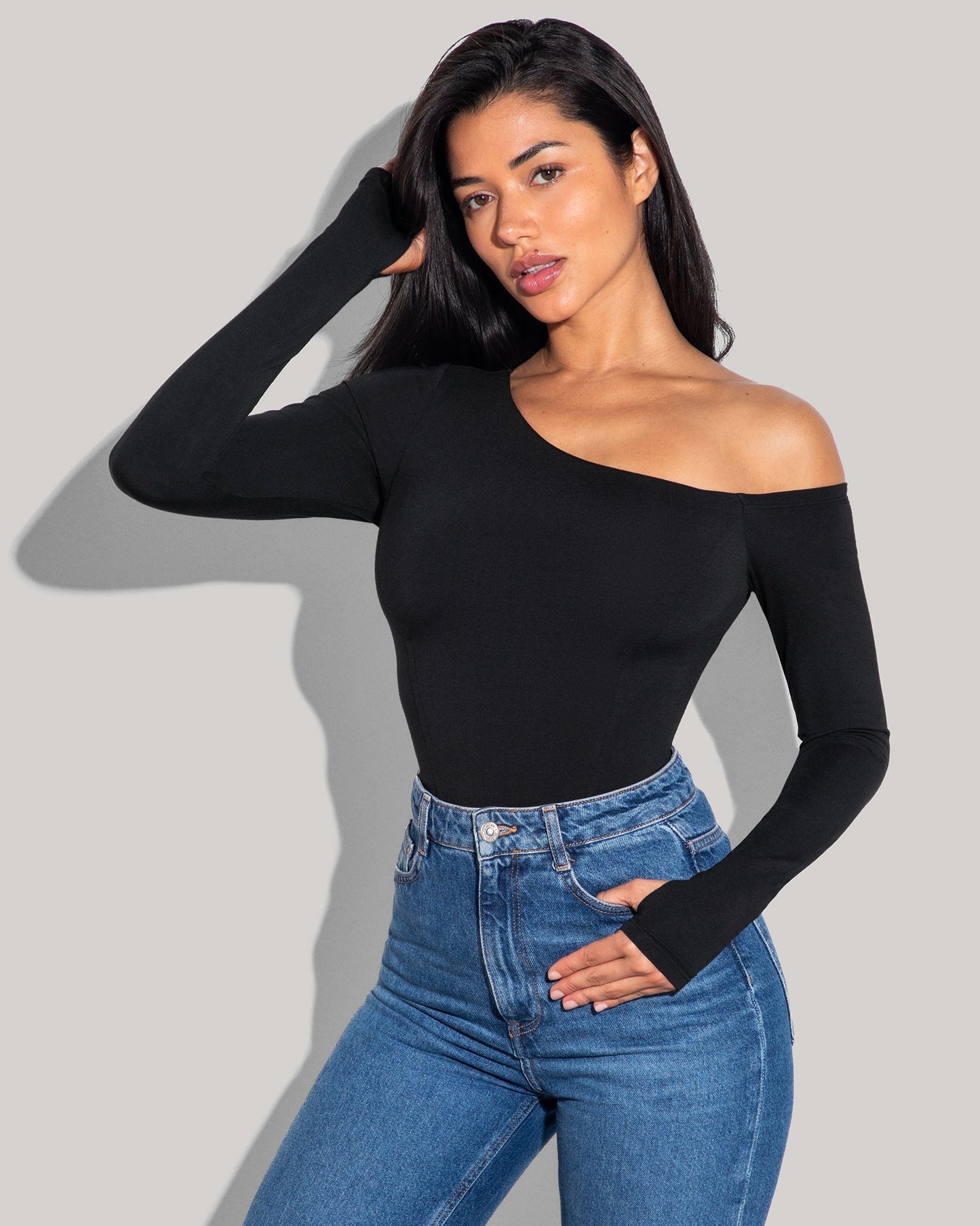Shapey Long Sleeve One Shoulder Top - Black - samana vibes