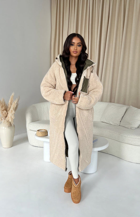 Long Reversible Puffa Coat - Khaki - samana vibes