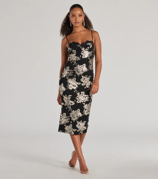 Elevated Vibe Foiled Floral Mesh Midi Dress - samana vibes