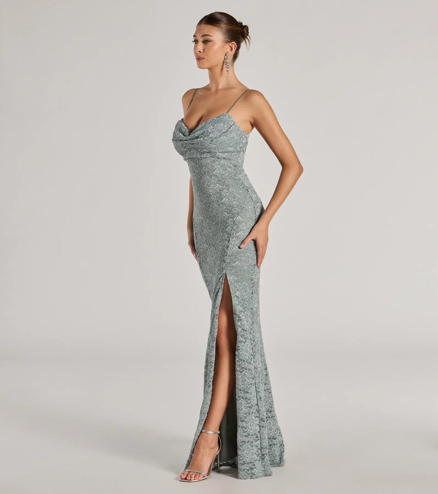 Romina Lace Cowl Neck High Slit Mermaid Dress - samana vibes