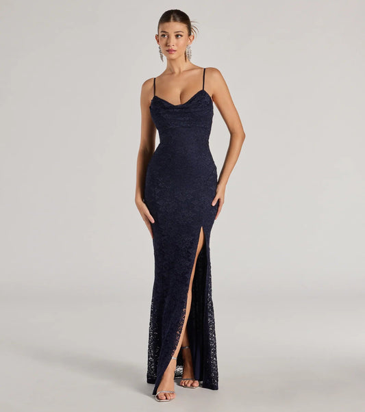 Romina Lace Cowl Neck High Slit Mermaid Dress - samana vibes