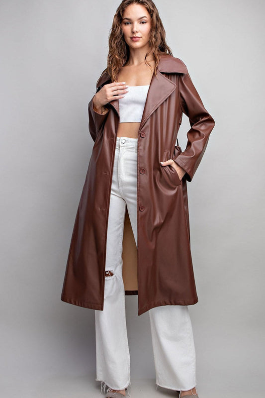 Brown Leather Trench Coat - samana vibes