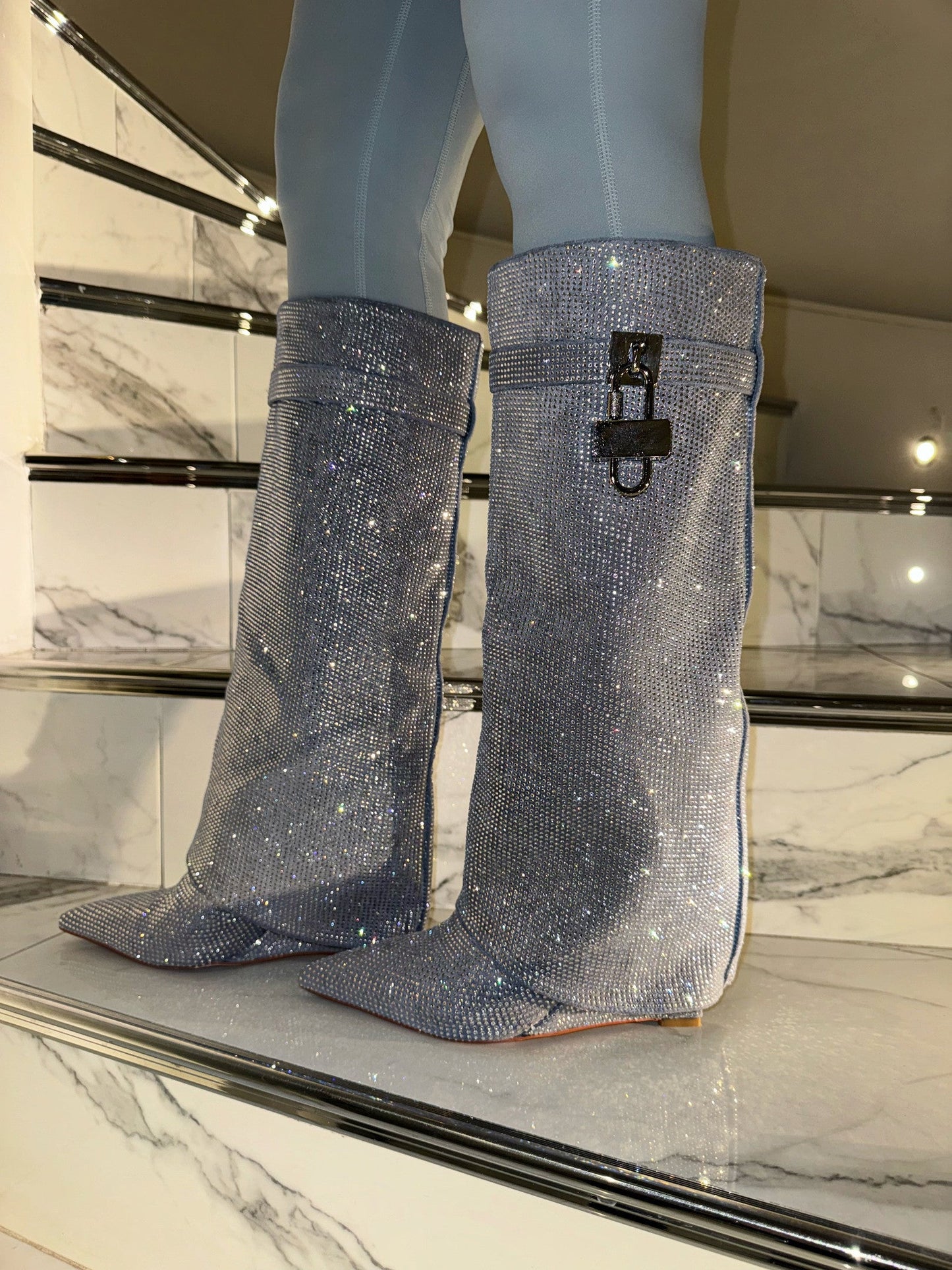 Sorelle Luxe Diamante Heeled Boots - Blue - samana vibes