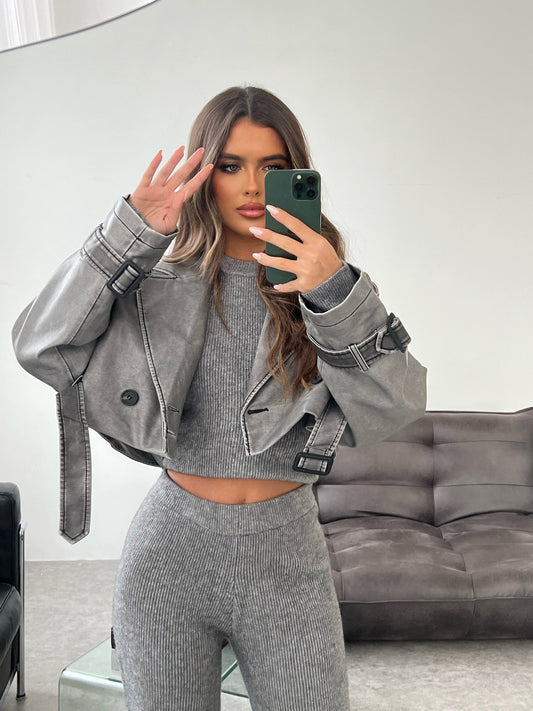 Leather Effect Cropped Jacket - Grey - samana vibes