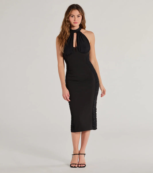 Mina Formal High Neck Ruched Midi Dress - samana vibes